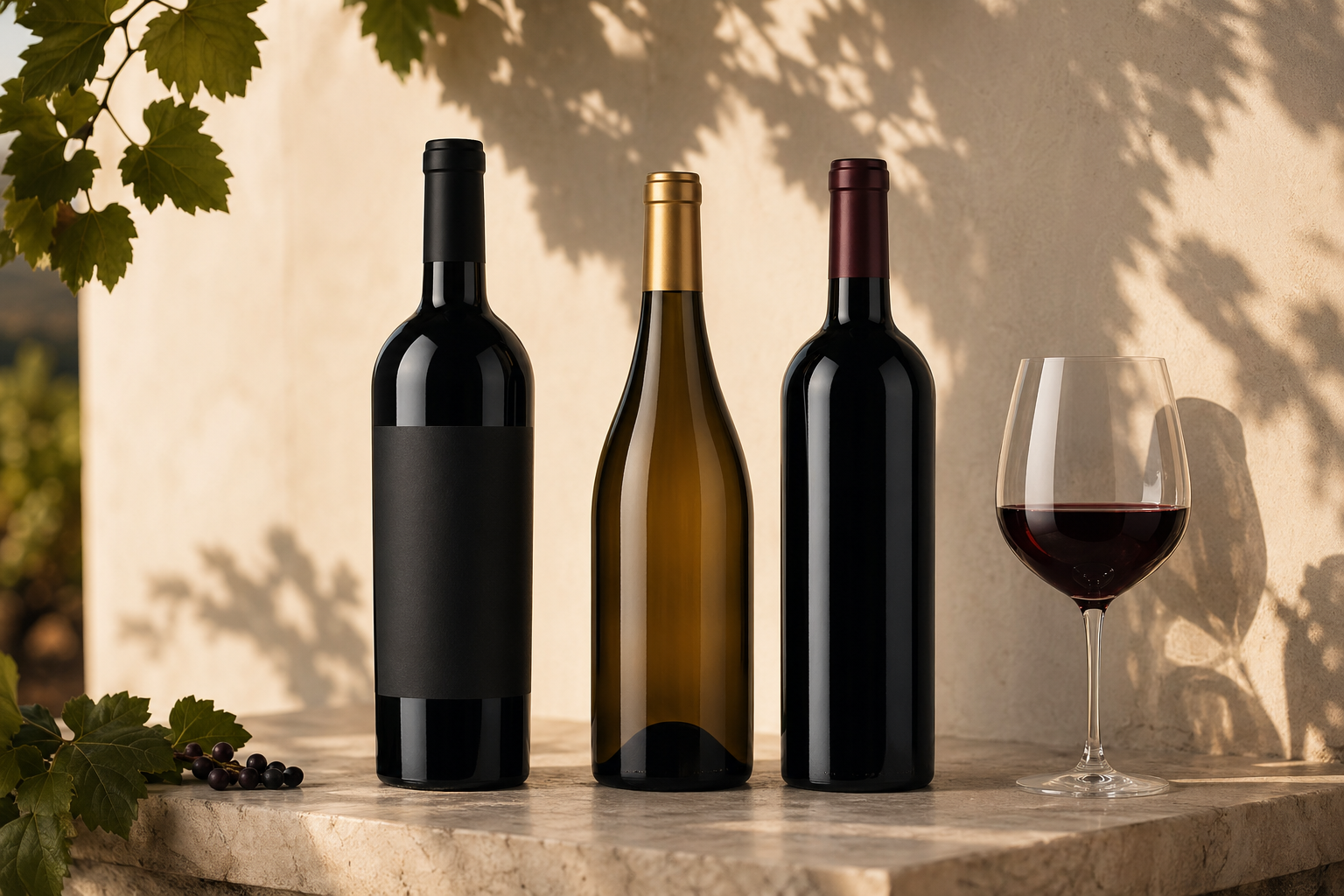 Three unlabeled wine bottles and a glass arranged in warm California light.
