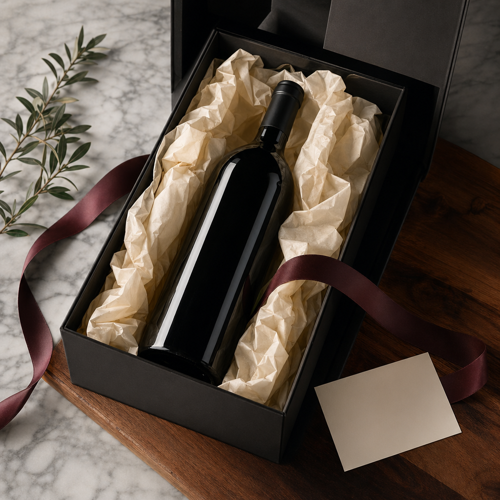 A wine bottle packaged in a black gift box with tissue paper and cabernet ribbon.