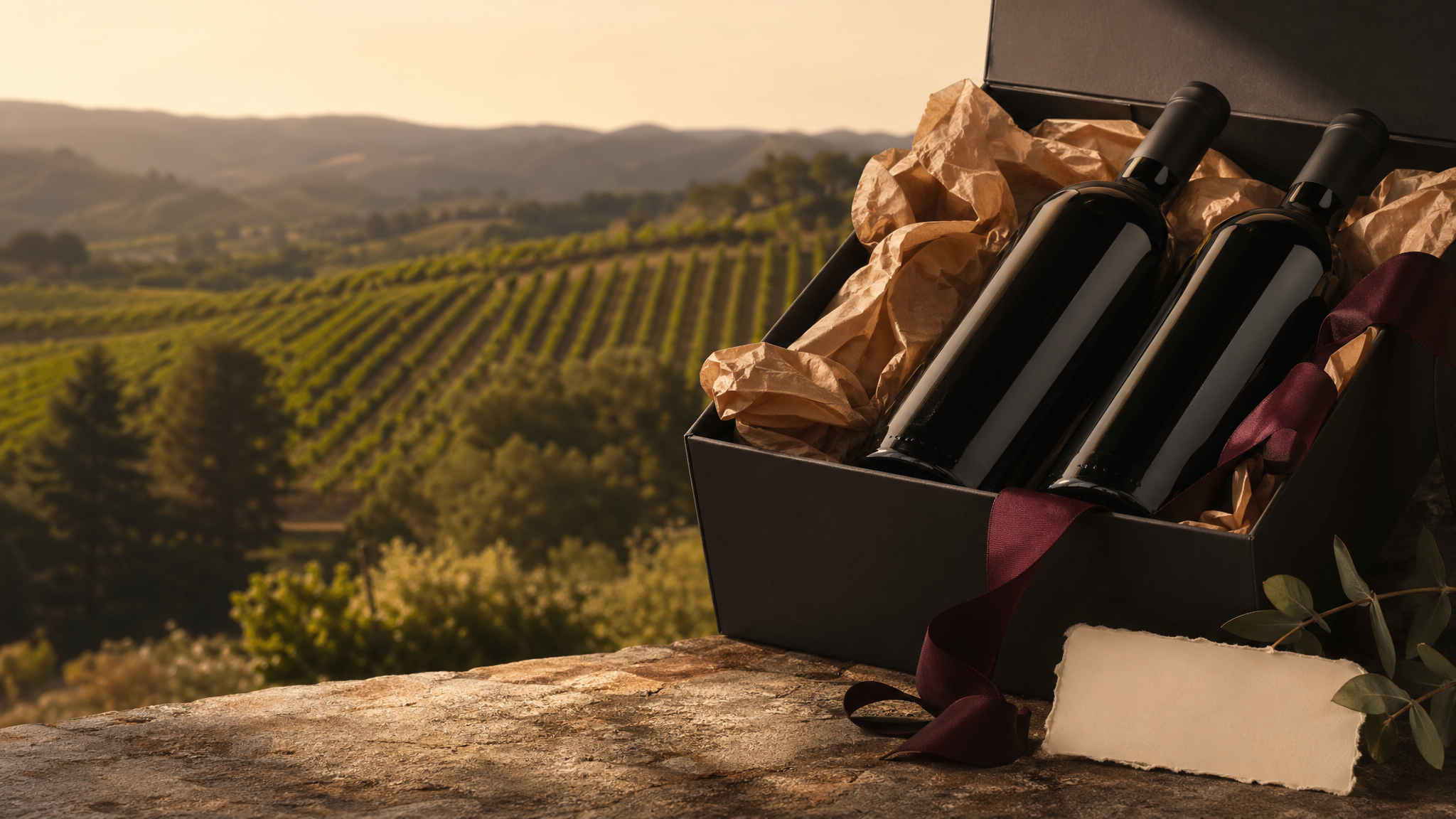 California wine bottles in a premium gift box overlooking a vineyard.