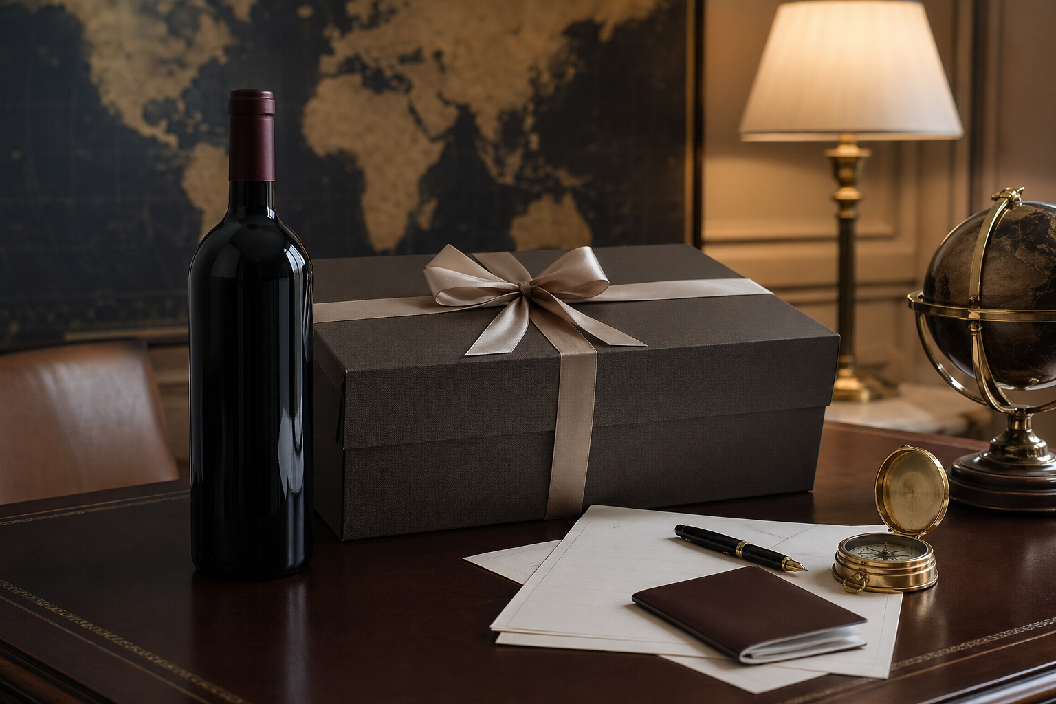 A wine bottle and gift box on a private-client desk with international order materials.