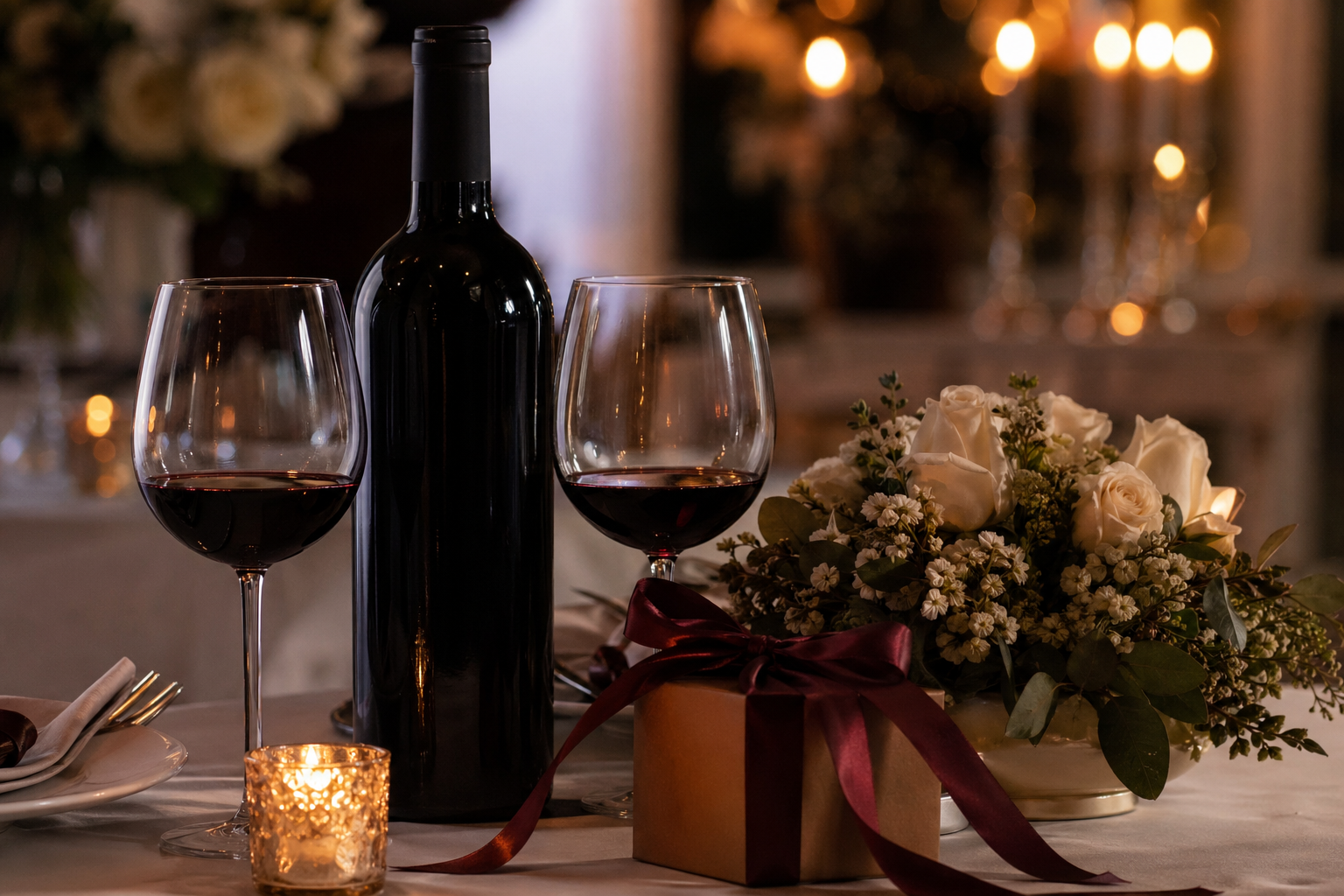 Wine, glasses, flowers, and a wrapped gift arranged for an elegant occasion.